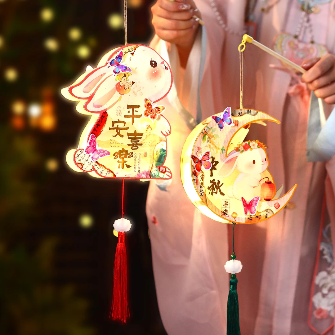 中秋节竹编灯笼小朋友儿童手工diy蝴蝶古风宫灯玉兔手提发光花灯