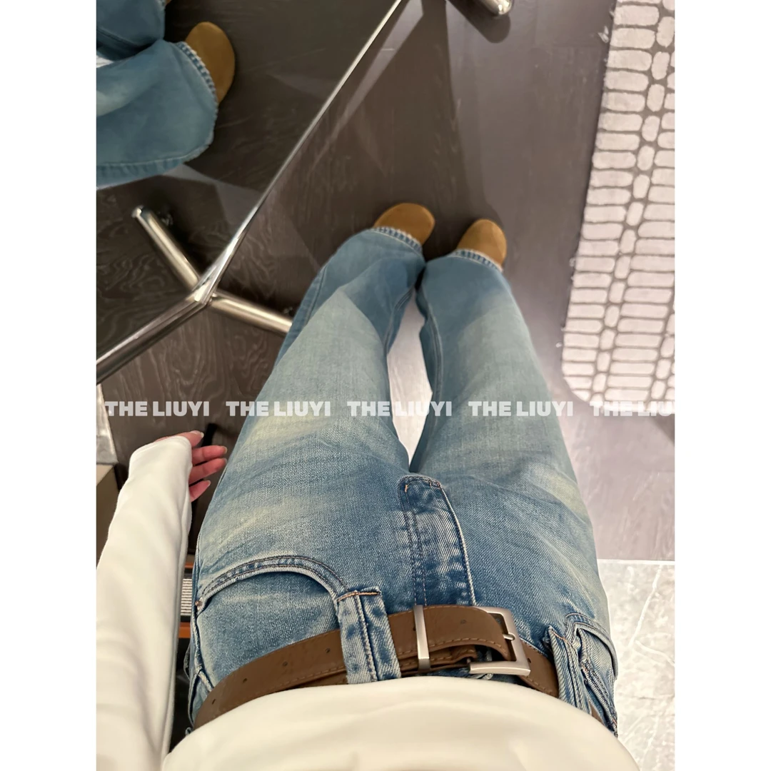 【LIUYI】出圈牛仔~秋冬加绒浅色水洗牛仔直筒裤5108B6