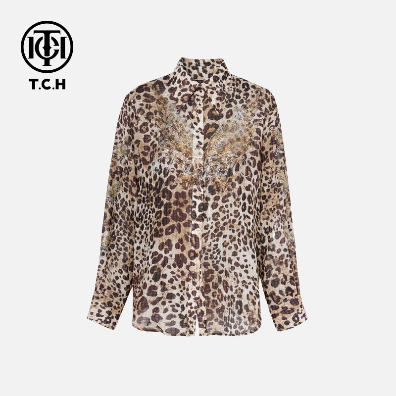 TCH私服蝴蝶烫钻气质秋款烫钻豹纹衬衫T75C13E5022轻奢tch