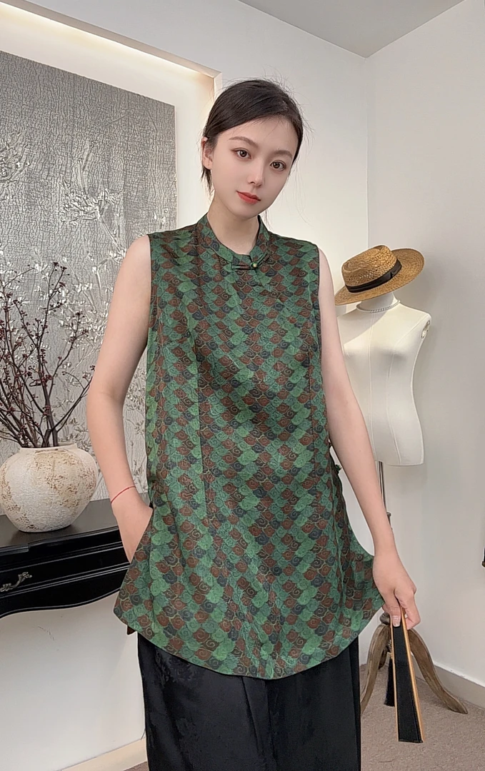 【祥云-奥黛】夏季女款超好看绿色格纹独特漂亮上衣新中式国风