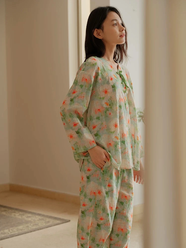 251-185朵朵可可睡衣女2025春夏新中式棉国风印花长袖长裤家居服