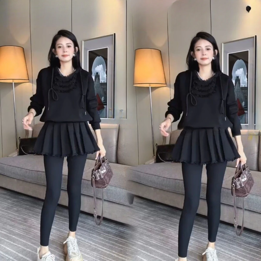 2025洋气时尚秋季色休闲连帽连体百褶裙修身遮肚百搭网红爆款潮