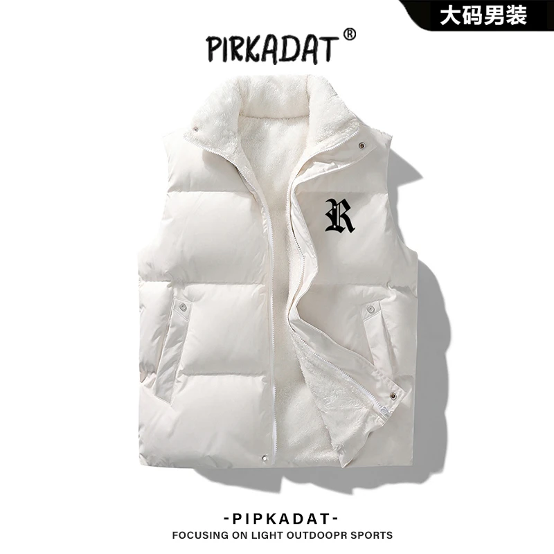Pirkadat冬季立领男士棉马甲休闲加绒宽松外套无袖纯色字母上衣男