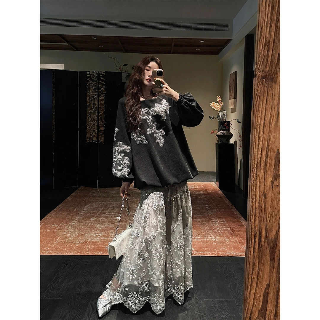 三吉黑花【簪上雪】新中式国风珠绣连衣裙子长袖巨好看秋拼接长裙