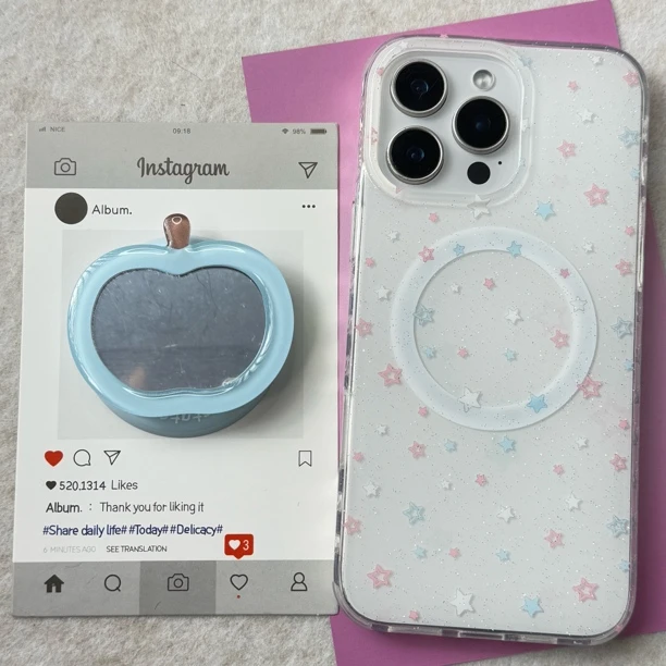 闪粉五角星适用于苹果16promax透明手机壳iPhone15镜子磁吸支架14