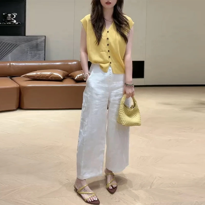 2025夏季新款单排扣V领针织衫上衣女士设计感高腰休闲裤时尚套装