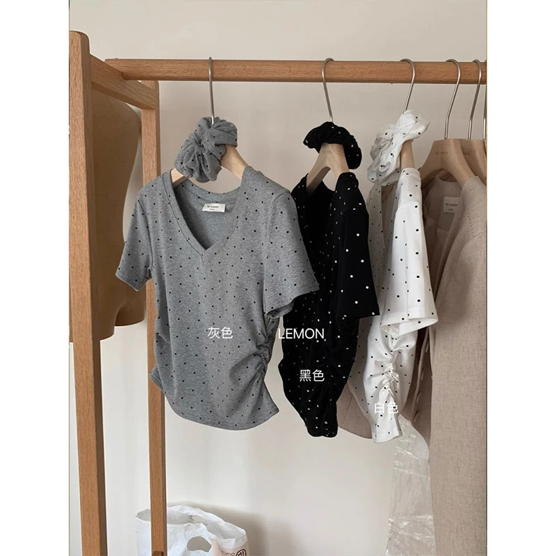 【莫代尔】miu系穿搭波点v领短袖t恤女夏季收腰显瘦韩系上衣短款