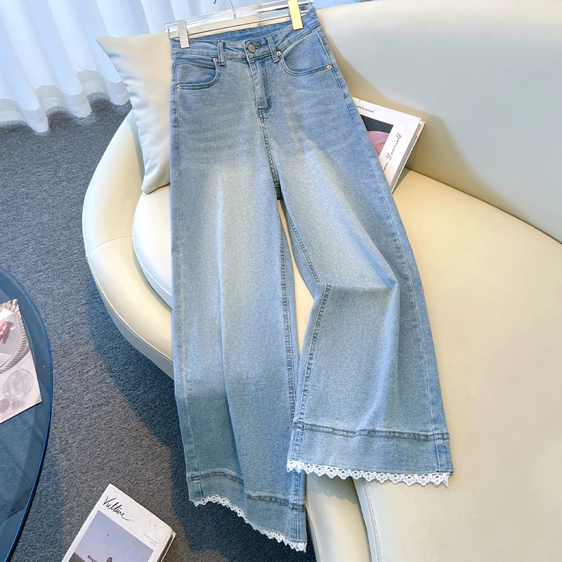 蕾丝花边阔腿牛仔裤女2025夏季新款高腰显瘦小个子九分百搭宽松裤