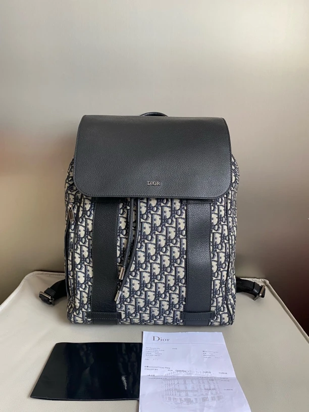 99新 DIOR/迪奥 Oblique老花刺绣翻盖抽绳双肩包背包hws133