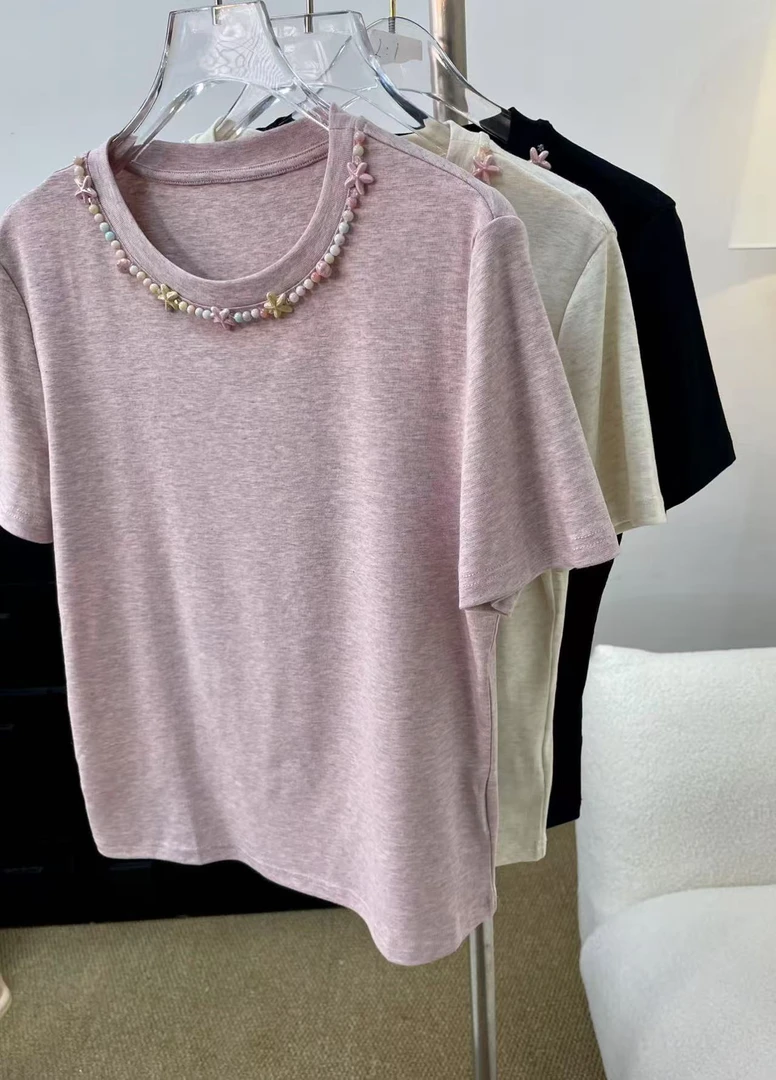 深圳南油原创2025新款彩色五角星珠子黑杏粉三色短袖T恤58832