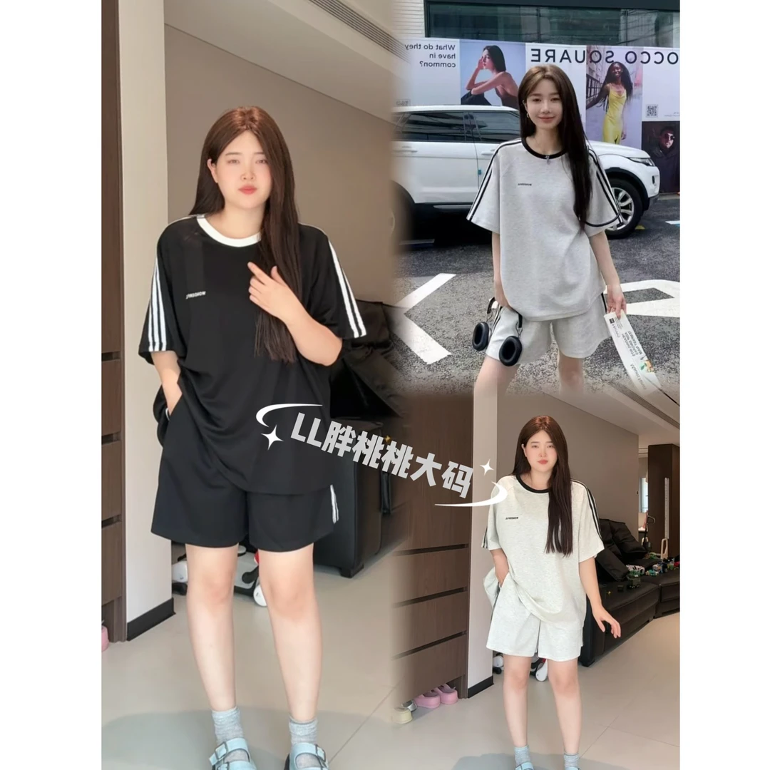 夏季新款大码胖mm时尚运动三条杠宽松短袖上衣炸街高腰短裤套装