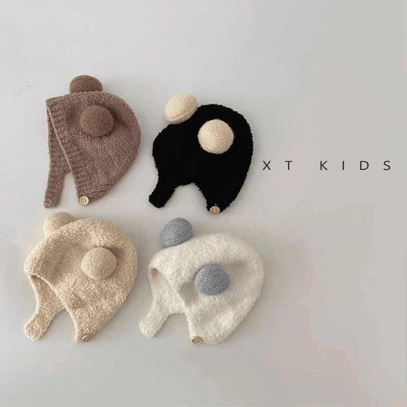 可爱双球球ins风纽扣套头帽子男女宝宝护耳保暖婴儿针织帽秋冬款
