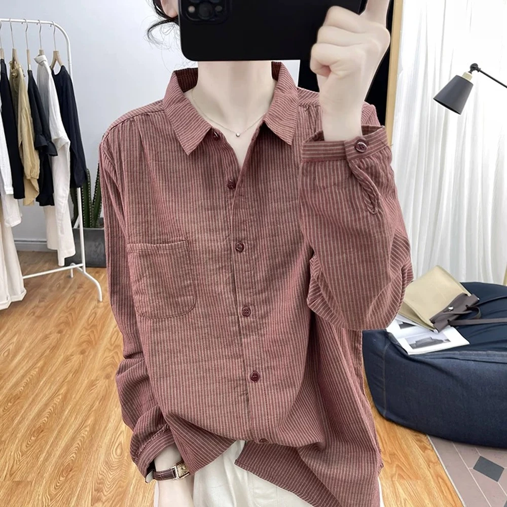 早秋女士宽松Polo领条纹衬衫女复古显瘦纯棉休闲上衣百搭长袖衬衫