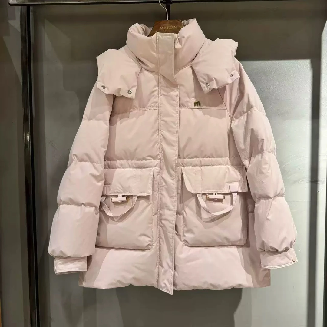 麦寻女装YRMZQ001冬季正品冰淇淋粉 杏色中长款棉衣