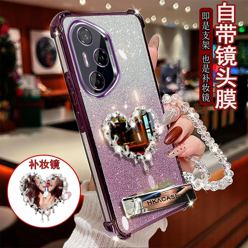 适用荣耀300ultra手机壳AMP-AN10镶钻支架爱心镜子防摔保护套全包