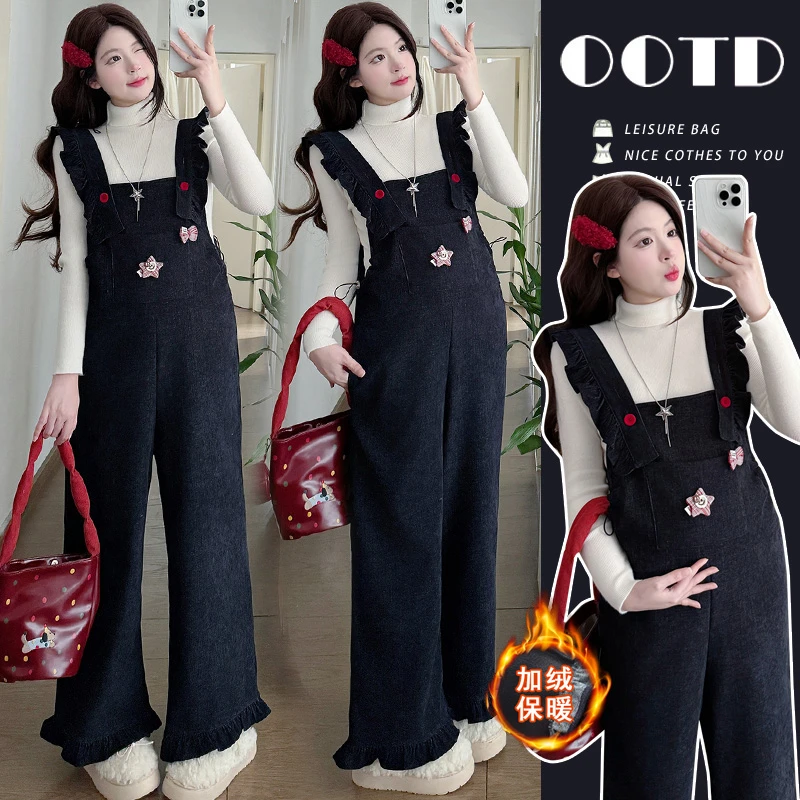 2025新款孕妇装秋冬装加绒背带裤时尚洋气减龄两件套孕期大码套装