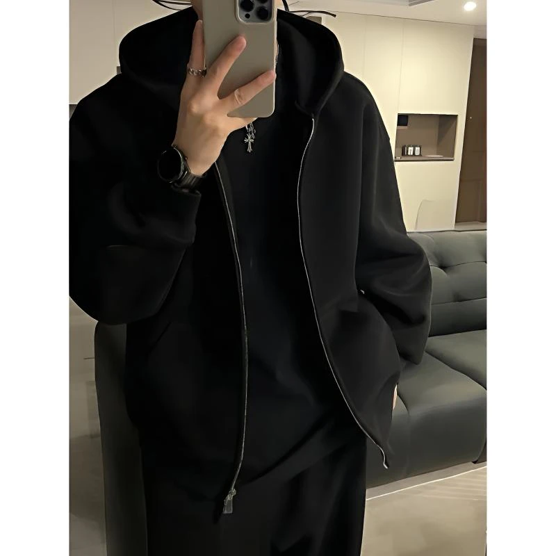 连帽卫衣春秋百搭开衫男秋季简约纯色双拉链休闲外套男士潮牌上衣