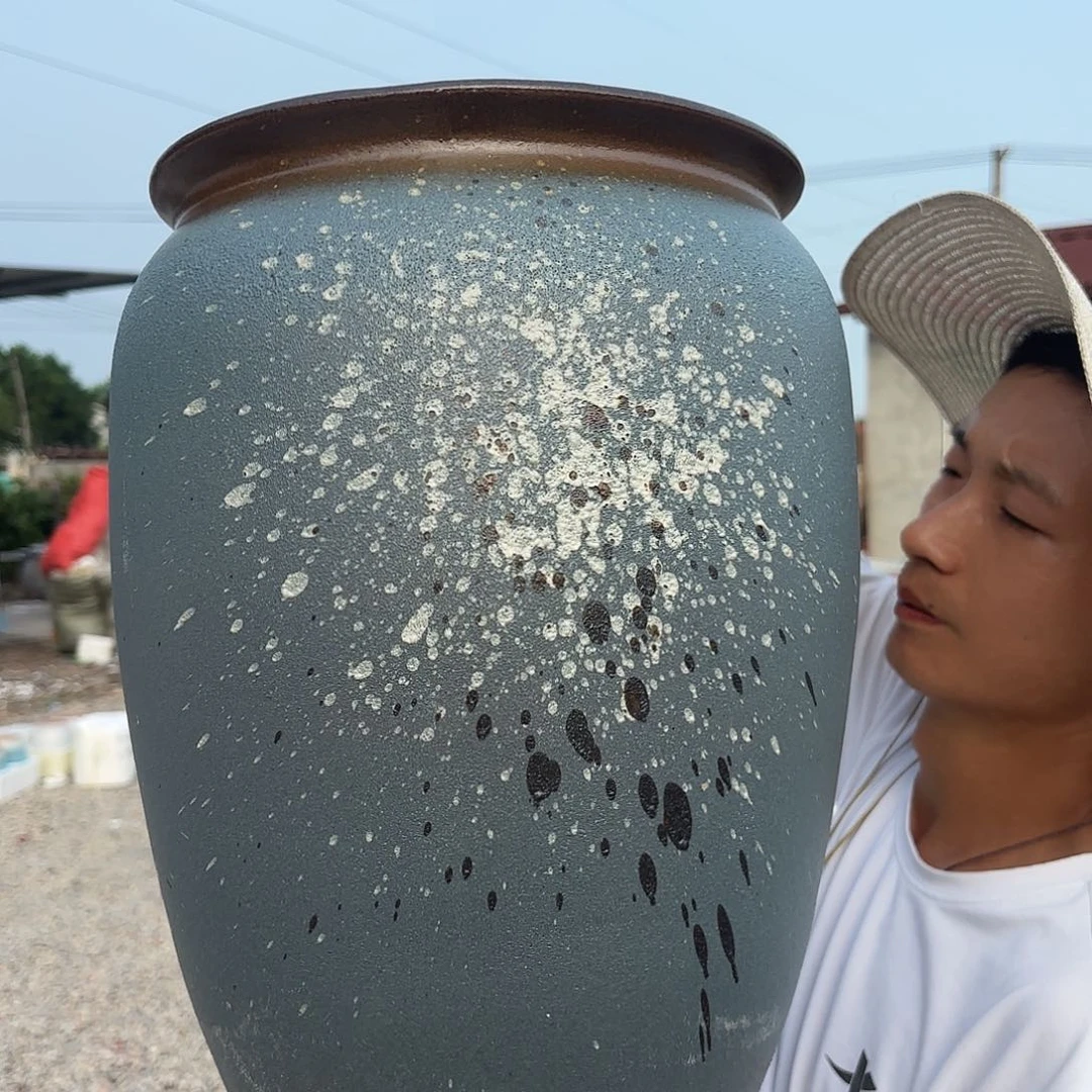 紫砂花盆蓝泼墨口径26高度41
