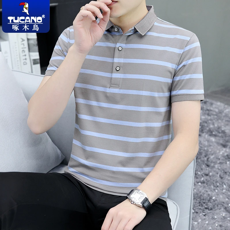 啄木鸟条纹POLO衫男款爆款2025新款翻领短袖男士夏季宽松休闲上衣