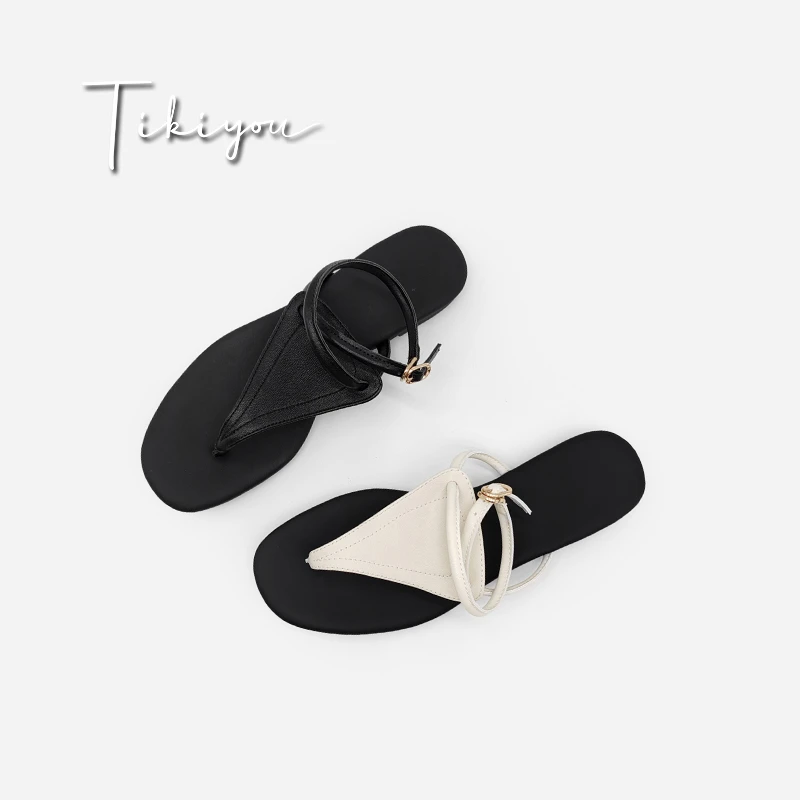 TiKiYou简约绑带夹趾罗马凉鞋夏季1.5cm平跟女鞋 黑色/白色