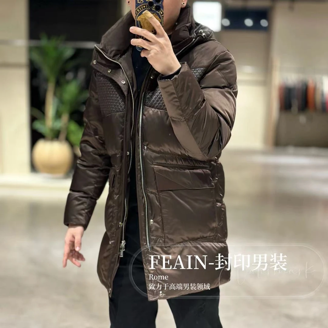 【真皮编织羽绒】高端手工立体编织真皮拼接长款大羽绒男士风衣8075