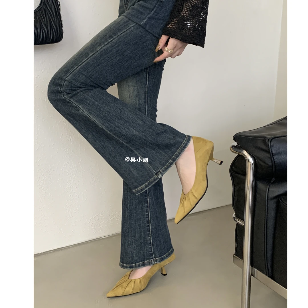 三个高度！2025秋季新款尖头浅口褶皱绒面单鞋时尚百搭显瘦高跟鞋