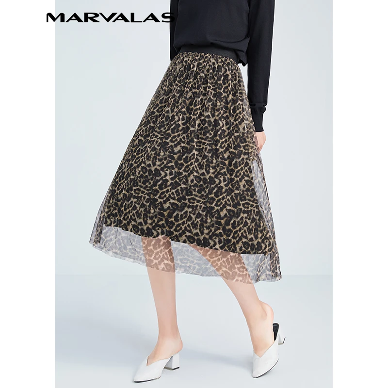 【婷婷专属】曼德诗高腰网纱裙中长百搭气质豹纹a字半身裙中长款