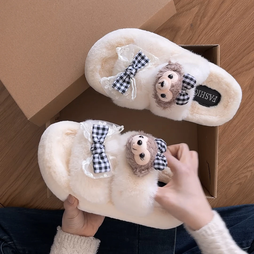 可爱甜美仙女一字毛毛拖鞋女2025新款秋冬季百搭保暖厚底居家棉拖
