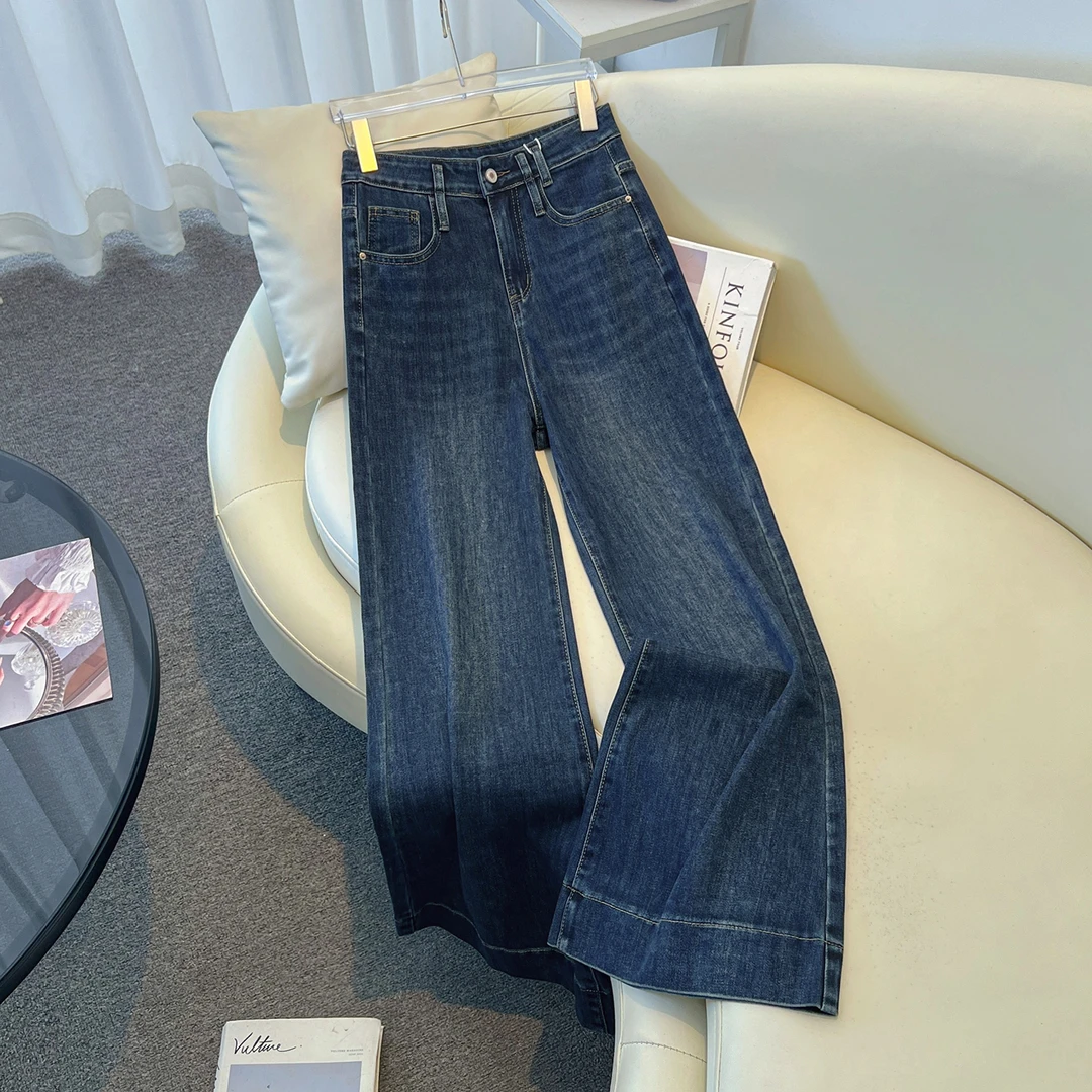 拉夏贝尔蓝色高腰直筒阔腿牛仔裤女2025春秋季a版大裤脚拖地裤子