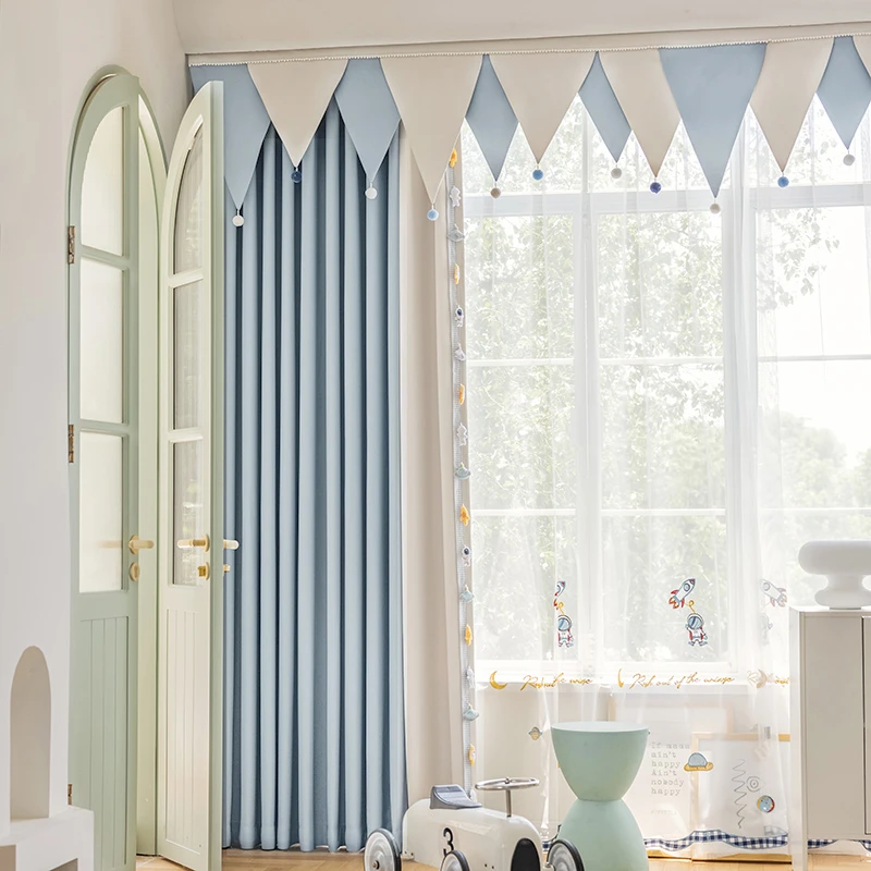 简约批发客厅蓝色卡通儿童房窗帘卧室房间遮光温馨拼色男孩房qmtk