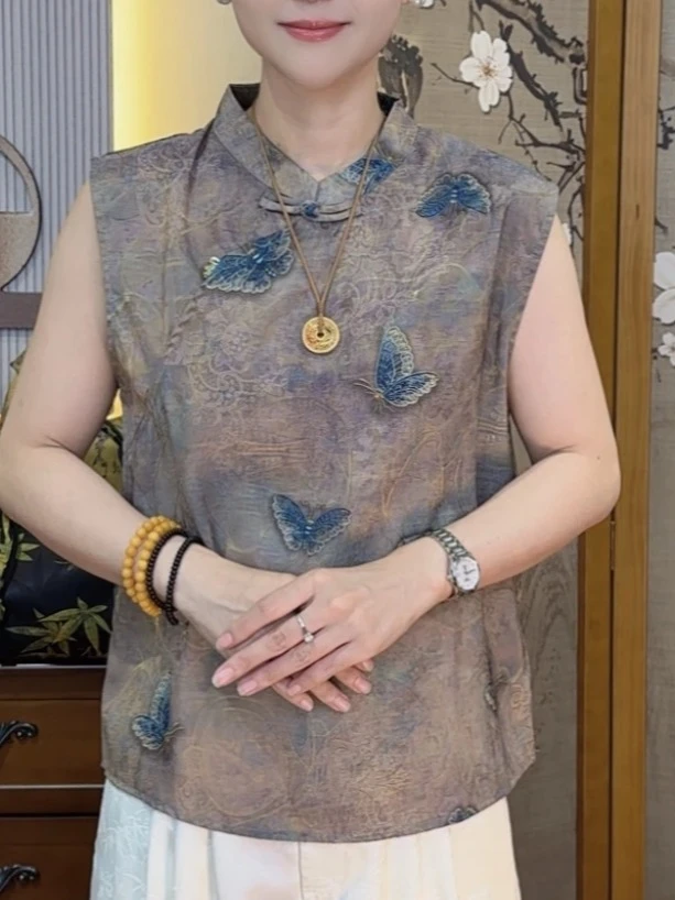 新中式国风时尚百搭上衣复古文艺无袖提花显瘦休闲中国风女士小衫