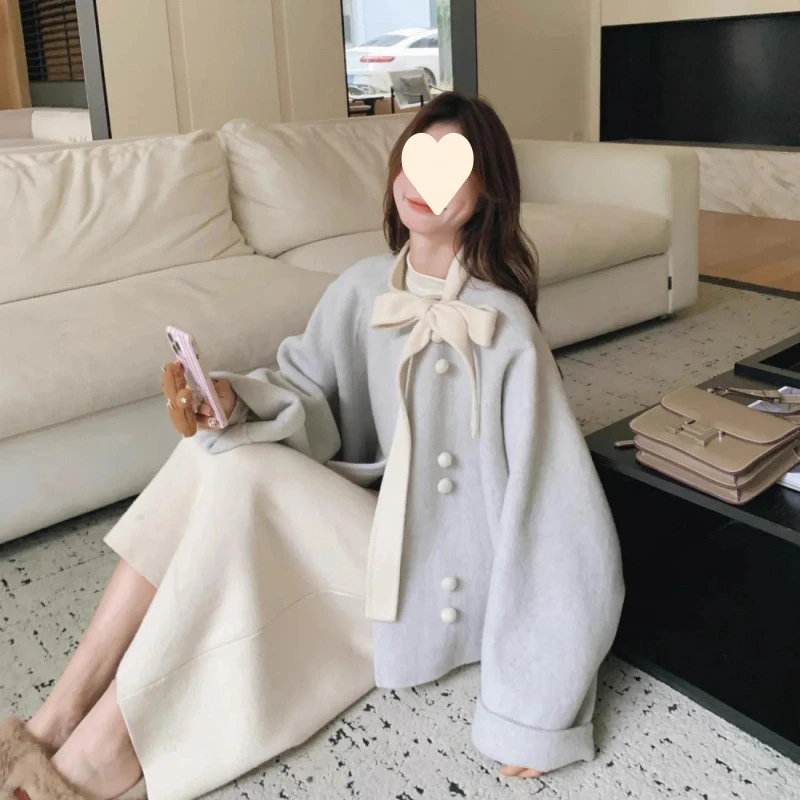 冬季新款厚毛呢外套女时尚显瘦短款中长裙套装都市风上衣宽松