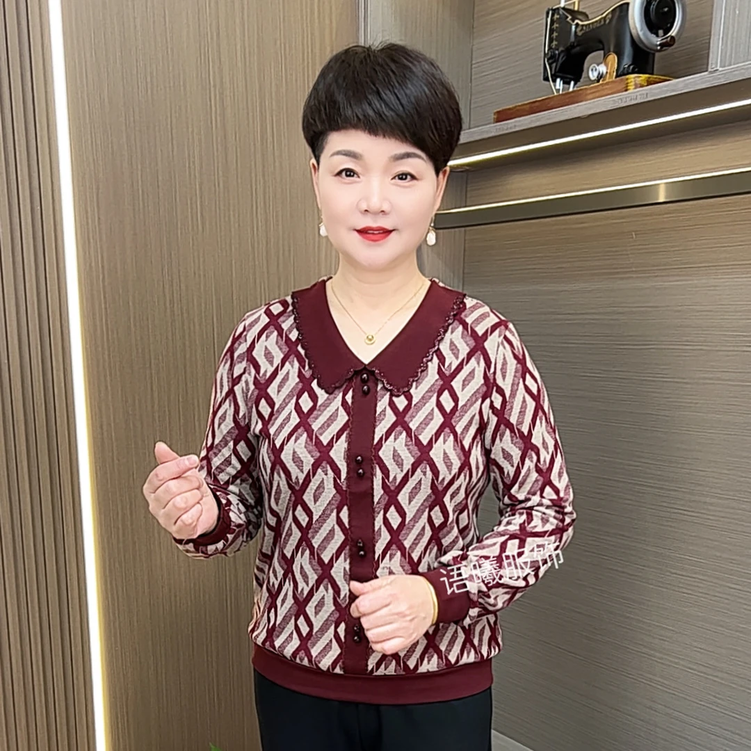 常规款烫钻娃娃领长袖中老年女装休闲洋气上衣F8959