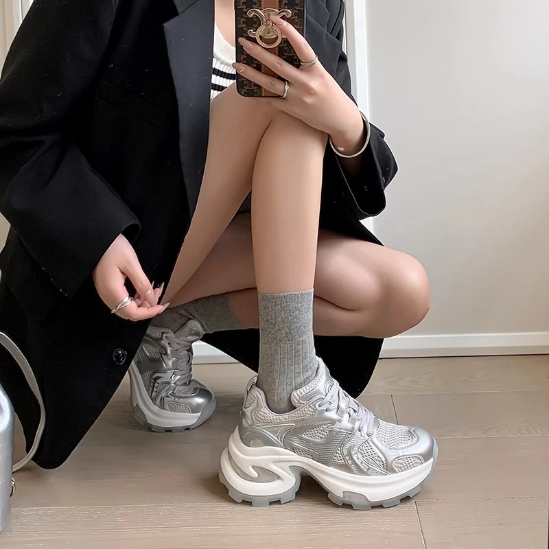 第七次日落厚底增高老爹鞋女轻便运动休闲鞋百搭银白色透气网面夏
