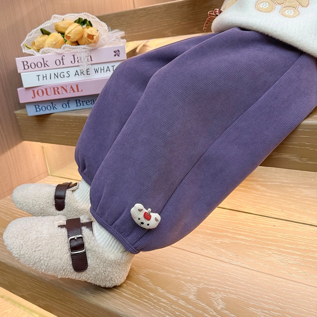 女童裤子加绒加厚灯芯绒长裤秋冬款儿童一体绒女宝宝毛绒阔腿裤款