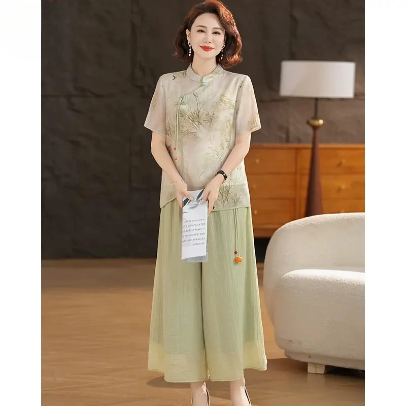 母亲节妈妈夏装两件套2025新款中老年女装夏季雪纺上衣阔腿裤套装