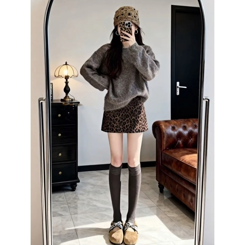 一整套搭配秋装女韩系慵懒风灰色套头毛衣高腰豹纹半身裙两件套装