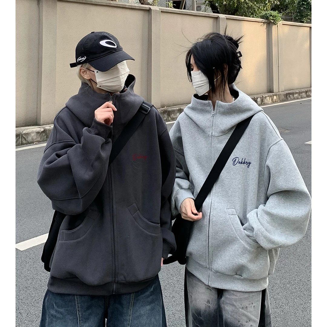 美式复古格子拼接卫衣外套男秋冬季休闲风开衫简约字母印花上衣女