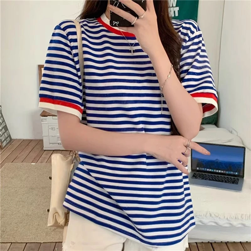 撞色螺纹领条纹短袖t恤棉2025夏季新款韩版棉宽松半袖上衣服