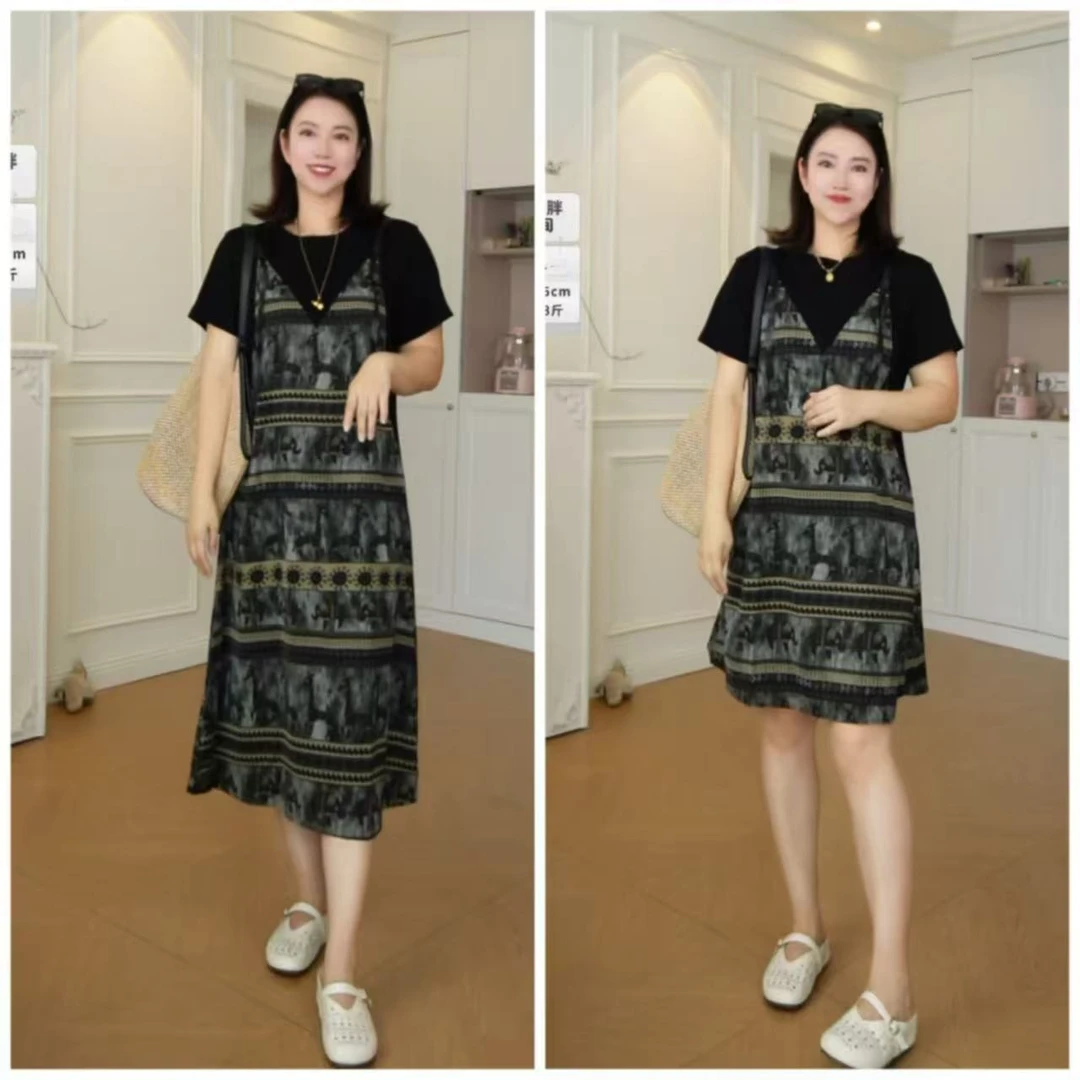 夏季小鹿遮肉印花长裙拼接连衣裙气质洋气风格