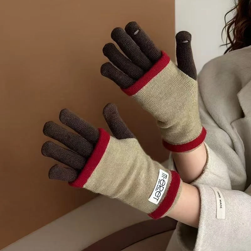 多用两件套保暖拼色针织手套秋冬骑行分指可露指触屏手套