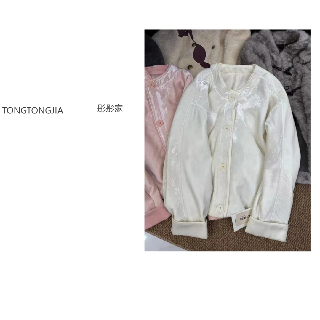 2025冬新款显瘦圆领复古纯色简约纽扣丝绒棉服外套