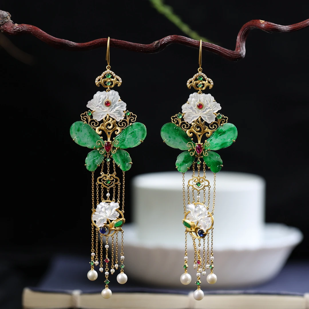 【满庭芳】原创国风新中式定制珠宝18k金镶嵌翡翠蝴蝶耳饰