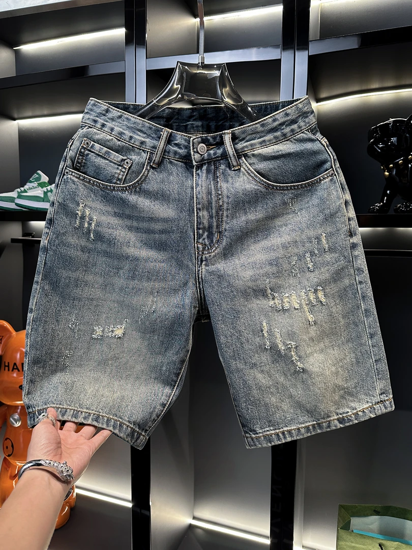 2025夏季新款美式高街复古日系牛仔短裤男破洞五分裤宽松直筒中裤