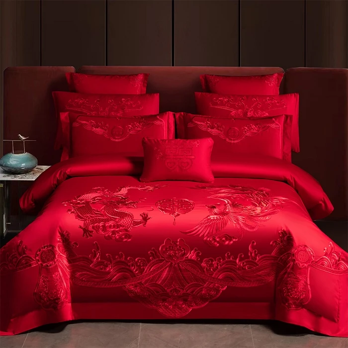 九五至尊红新婚庆全棉四件套大红纯棉提花结婚床上用品刺绣婚庆