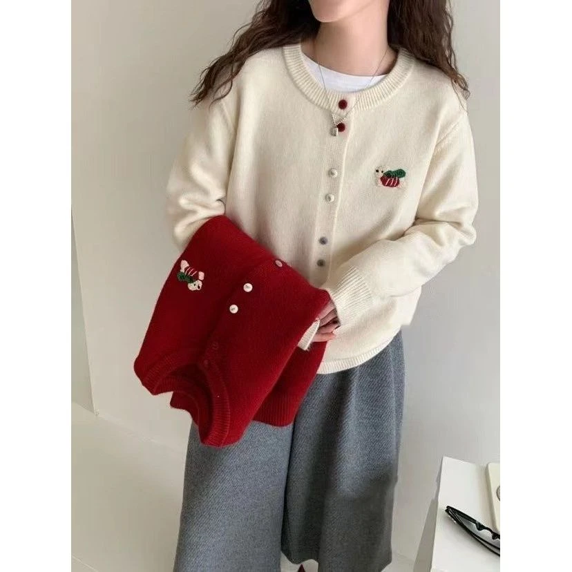 大码女装秋冬新款撞色小狗彩色扣设计针织开衫百搭款长袖上衣5590