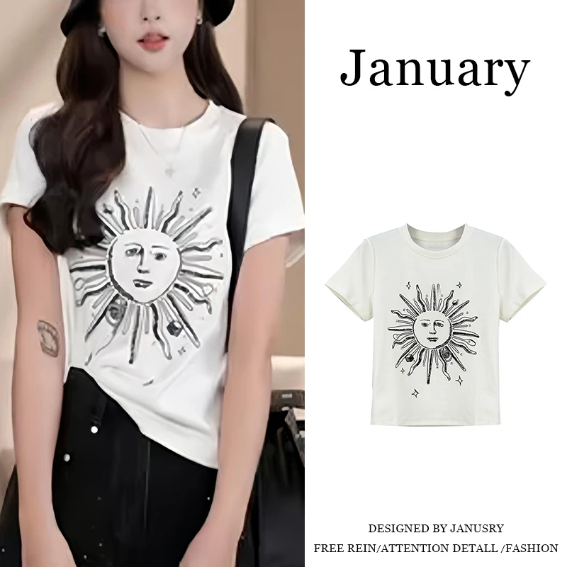 美式复古圆领印花短袖t恤大码女装2025夏季新款宽松显瘦上衣-5746