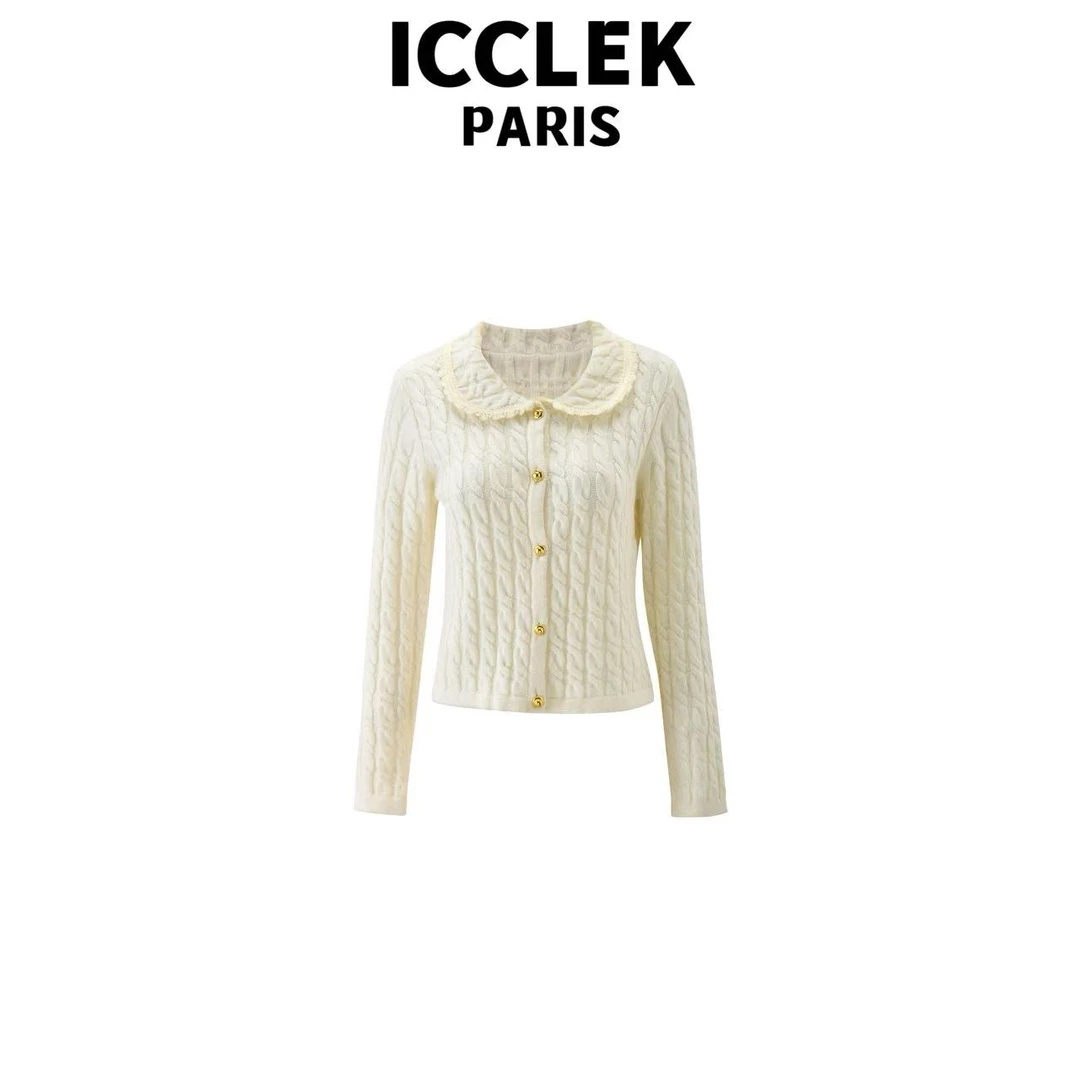ICCLEK 米白色翻领金扣针织衫气质轻奢名媛秋冬显瘦上 衣 -9033