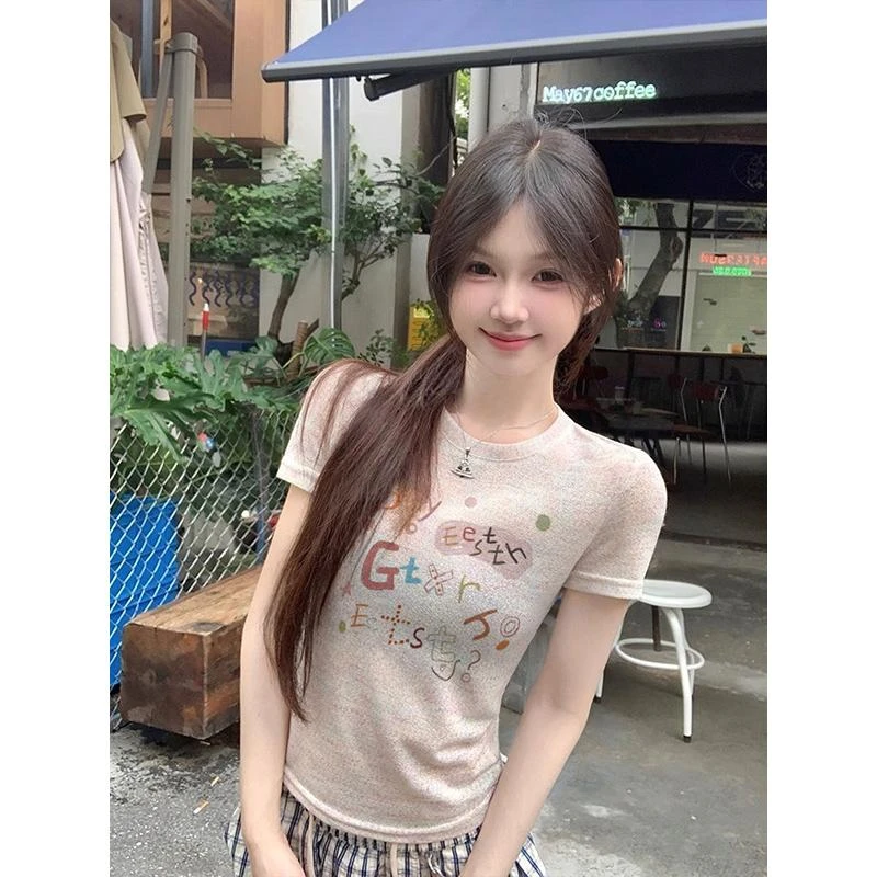 2025夏季新款超好看独特漂亮上衣女甜辣妹修身显瘦印花短袖T恤ins