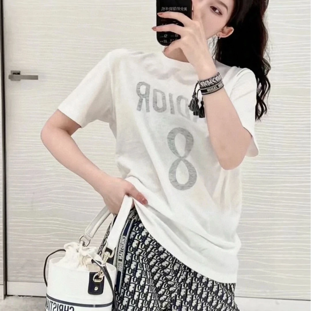 未使用 DIOR/迪奥 -200汤/P225581655/奶白色数字8蜜蜂logoT恤